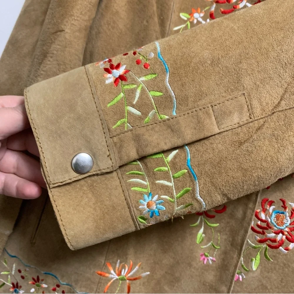 Vintage Avanti New York Small Tan Suede Leather Floral Bird Embroidered Jacket - Picture 12 of 15